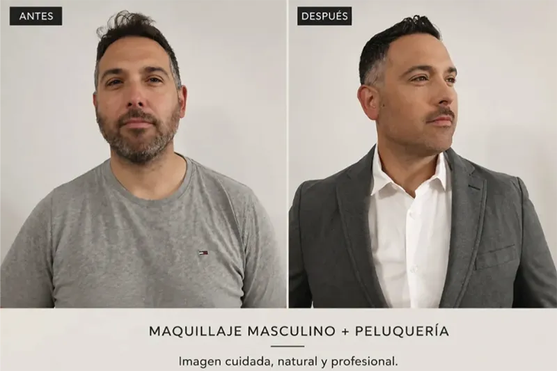 Antes y después de un trabajo de peluquería y maquillaje masculino realizado por Porcelarte